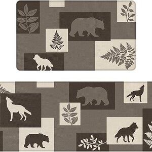 NEW Sets of 2 Wildlife Animal Wolf Kitchen Rugs, Non Slip, 17"x47"+17"x29"